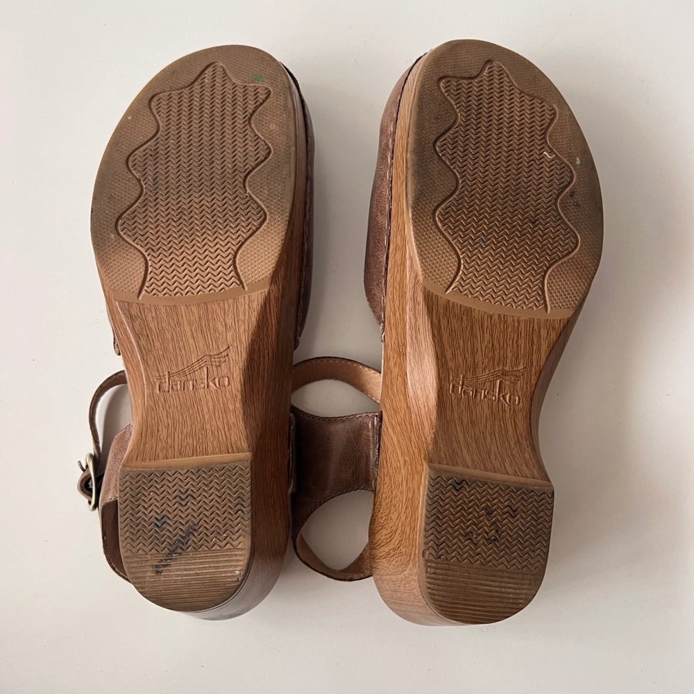 Dansko Mary Jane Clogs Size 40 Tan Brown Leather Platform Sandals Chunky Boho - Picture 6 of 10